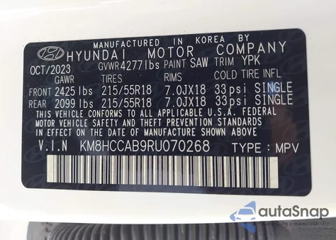 2024 Hyundai Kona Sel из США, поврежденный, VIN KM8HCCAB9RU070268